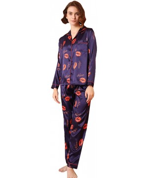 Sets Women's Pajamas Set Letter Lip Print Button Up Satin Sleepwear Long Sleeve Nightwear Pants Loungewear - Navy - CZ1920D9NT3