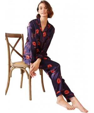 Sets Women's Pajamas Set Letter Lip Print Button Up Satin Sleepwear Long Sleeve Nightwear Pants Loungewear - Navy - CZ1920D9NT3