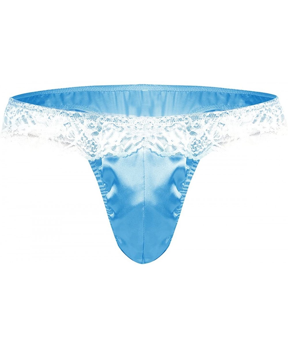 G-Strings & Thongs Mens Shiny Frilly Satin Lace Ruffle Sissy Pouch Panties Crossdress G-String Thongs - Blue - C1190ON689K