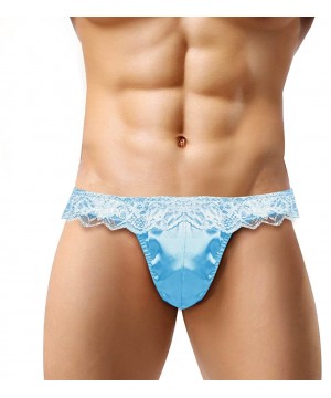 G-Strings & Thongs Mens Shiny Frilly Satin Lace Ruffle Sissy Pouch Panties Crossdress G-String Thongs - Blue - C1190ON689K