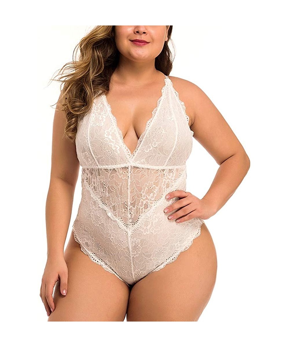 Baby Dolls & Chemises Women for Sex Lace Plus Size V-Neck Backless Nightdress Mini Babydoll Teddy Bodysuit XL-4XL - White - C...