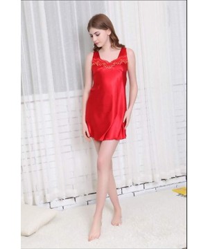 Nightgowns & Sleepshirts Women Sleepwear Sexy Lingerie V-Neck Soft Nightgown Short Skirt Silk Lace Pajama Dress - Red 1 - CM1...