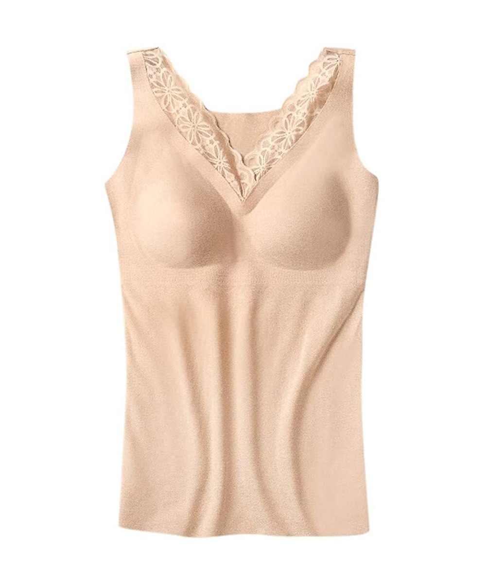 Thermal Underwear Women Seamless Elastic Thermal Underwear Lace Camisole Tank Tops Fleece Lined Underwear - Beige - CJ1945Y3K57