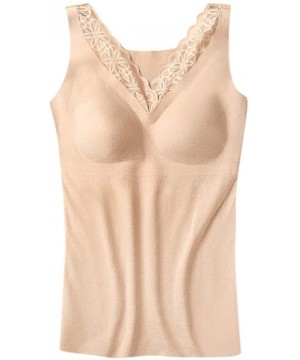 Thermal Underwear Women Seamless Elastic Thermal Underwear Lace Camisole Tank Tops Fleece Lined Underwear - Beige - CJ1945Y3K57