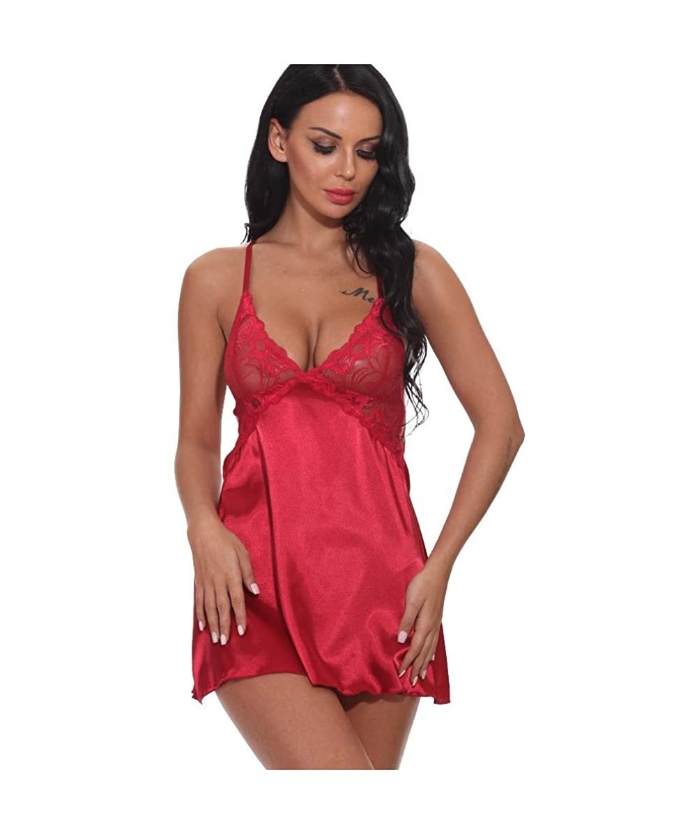 Nightgowns & Sleepshirts Womens Sexy Wireless Rimless Pajamas Lace Nightdress Silk Underwear Sleepwear - Red - CD193Q5SN7S