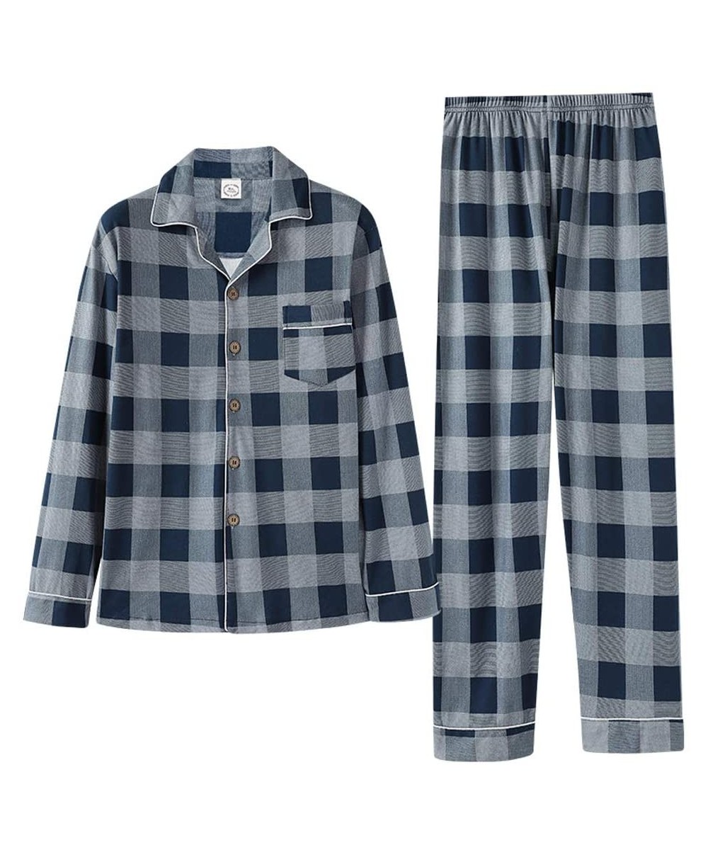 Sleep Sets Men's Pajamas Suit- Autumn and Winter Men's Nightwear Cotton Long Sleeve Pyjamas Loose Plaid Casual Cotton Home Se...