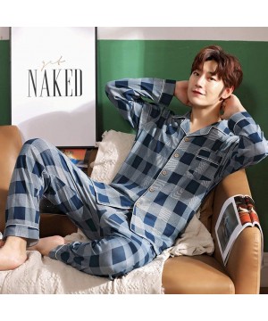 Sleep Sets Men's Pajamas Suit- Autumn and Winter Men's Nightwear Cotton Long Sleeve Pyjamas Loose Plaid Casual Cotton Home Se...