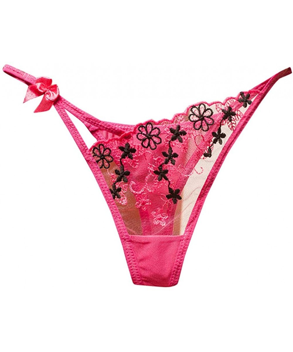 Garters & Garter Belts Women Briefs Thongs Floral Embroidery Mesh Sheer Panties Sexy Underwear Lingerie - Hot Pink - CZ196EWCQ0K