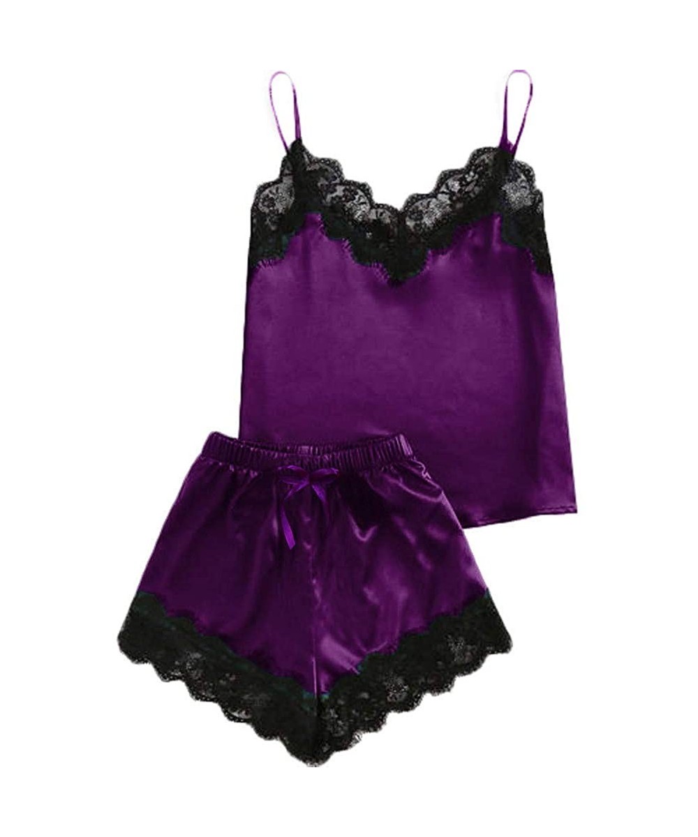 Accessories Women Sleepwear Sleeveless Strap Nightwear Lace Trim Satin Cami Top Pajama Sets - Purple - C518UQ32DEC