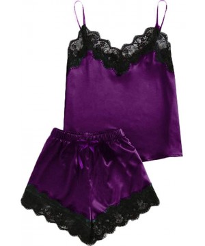 Accessories Women Sleepwear Sleeveless Strap Nightwear Lace Trim Satin Cami Top Pajama Sets - Purple - C518UQ32DEC