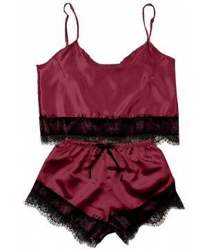 Sets Womens Lace Trim Sleepwear Sexy Lingerie Set Satin Pajamas Cami Shorts Set Nightwear - Wine - C319CDDTM6S