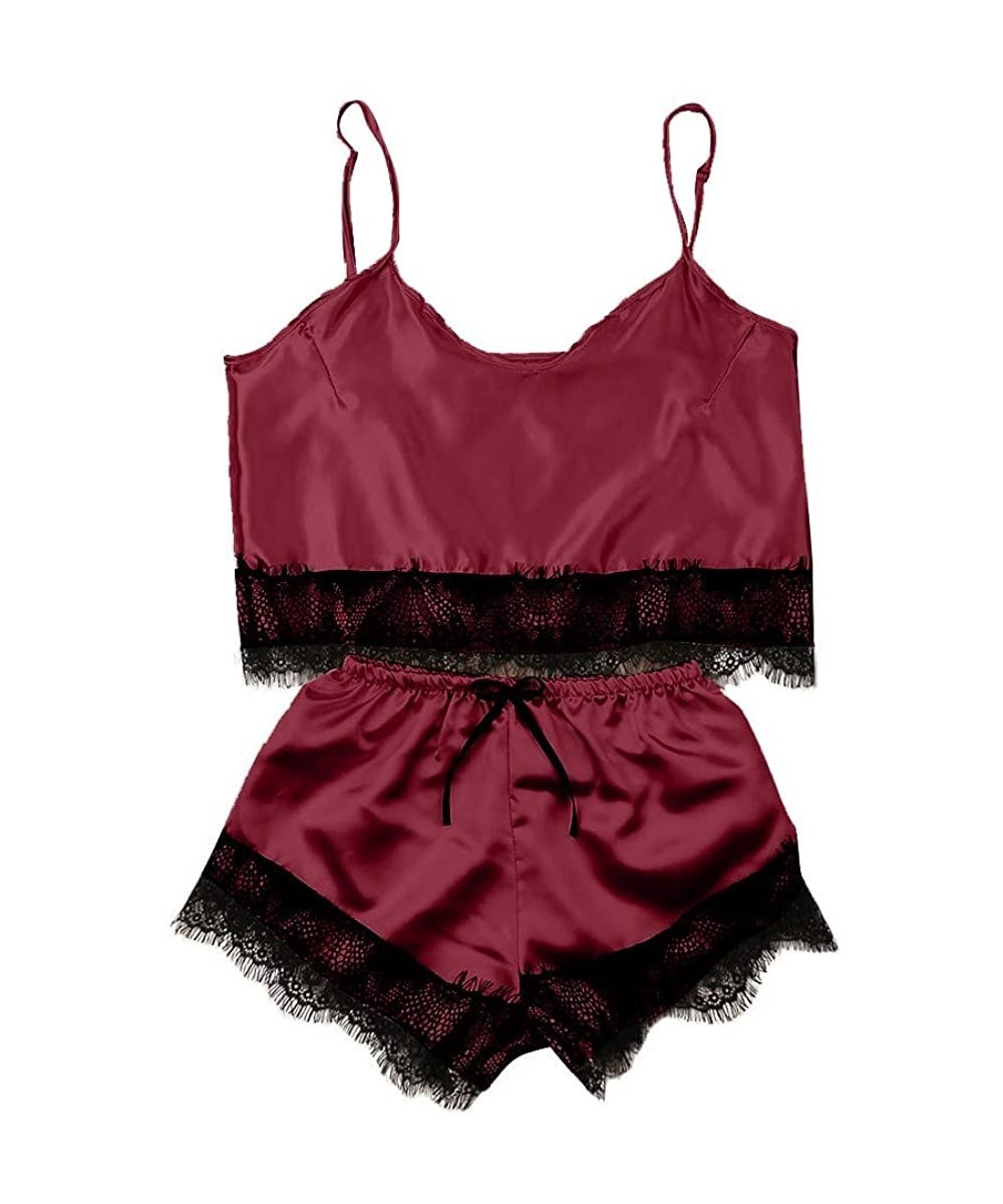 Sets Womens Lace Trim Sleepwear Sexy Lingerie Set Satin Pajamas Cami Shorts Set Nightwear - Wine - C319CDDTM6S