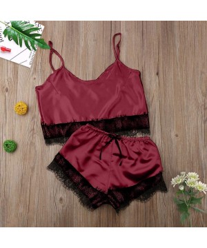 Sets Womens Lace Trim Sleepwear Sexy Lingerie Set Satin Pajamas Cami Shorts Set Nightwear - Wine - C319CDDTM6S