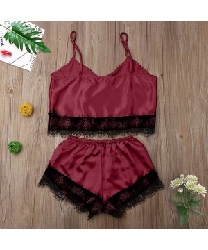 Sets Womens Lace Trim Sleepwear Sexy Lingerie Set Satin Pajamas Cami Shorts Set Nightwear - Wine - C319CDDTM6S