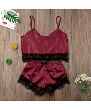 Sets Womens Lace Trim Sleepwear Sexy Lingerie Set Satin Pajamas Cami Shorts Set Nightwear - Wine - C319CDDTM6S