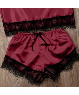 Sets Womens Lace Trim Sleepwear Sexy Lingerie Set Satin Pajamas Cami Shorts Set Nightwear - Wine - C319CDDTM6S