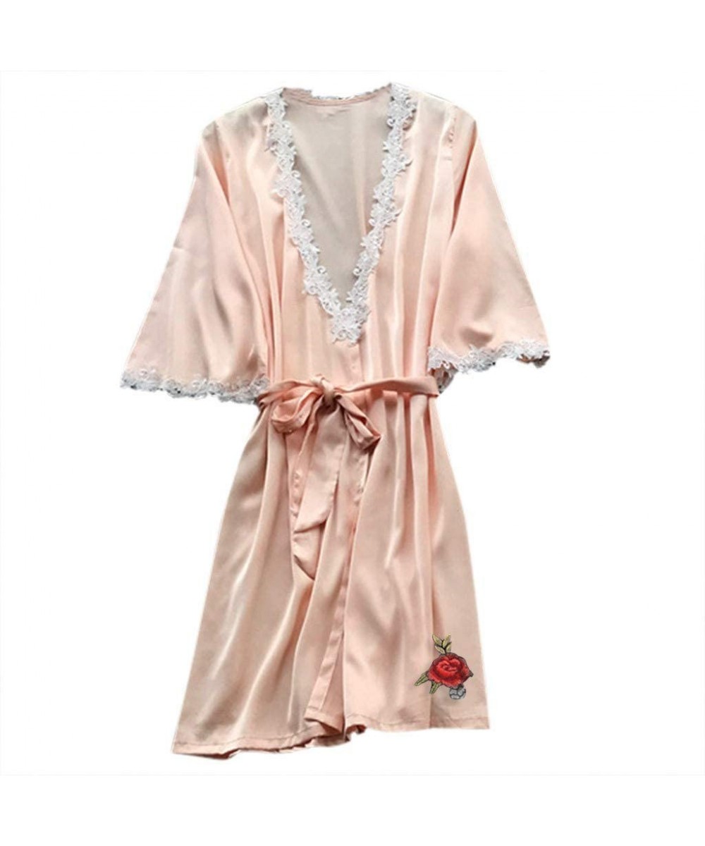 Robes Nightwear for Women Sexy Lace Silk Satin Sleepwear Full Slip Pajamas Nightdress Lingerie Night Dress - Light Pink - CP1...