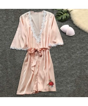 Robes Nightwear for Women Sexy Lace Silk Satin Sleepwear Full Slip Pajamas Nightdress Lingerie Night Dress - Light Pink - CP1...