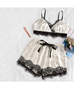 Sets Womens Lace Trim Satin Sleepwear Sexy Silk Lingerie Straps Bralette Panty Set Cami Top & Shorts Pajama Set White - CX18M...