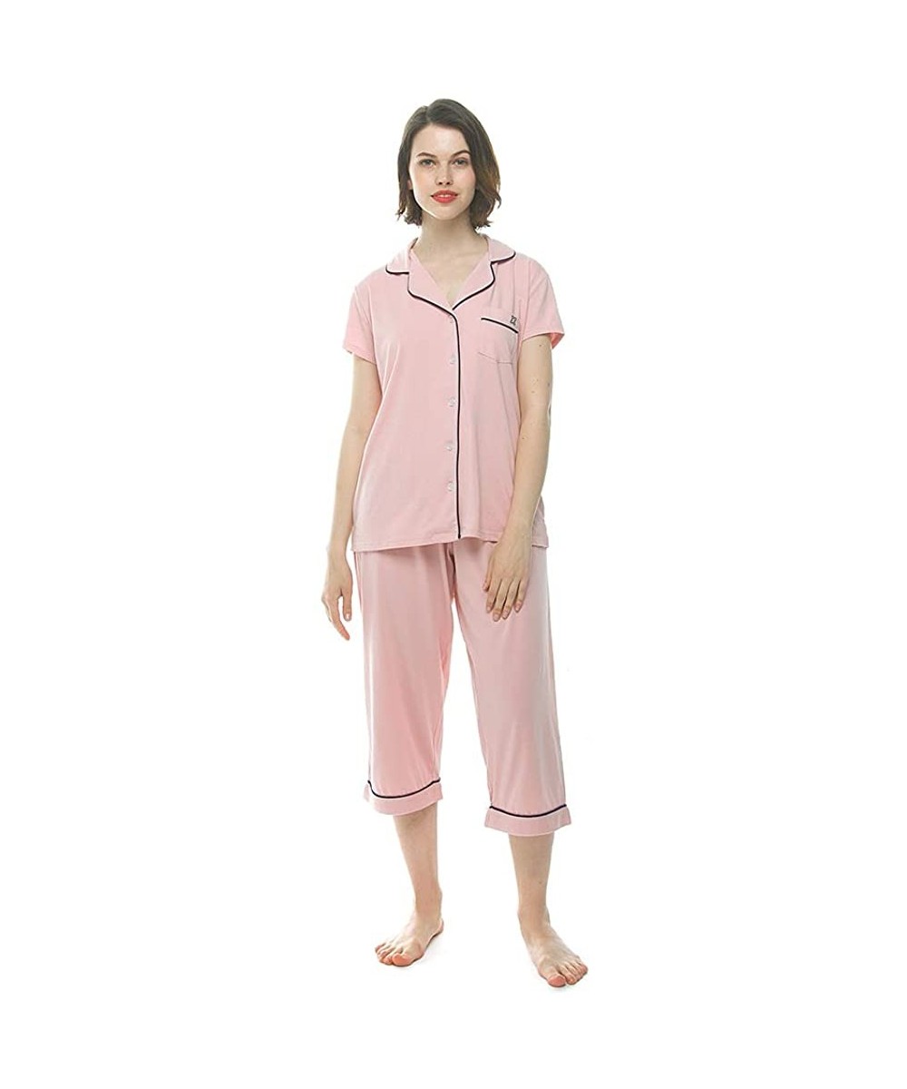 Sets Pajama Set for Women - Long-Short Sleeve V Neck Sleepwear with Pants - Short Pink - C018T735QZI