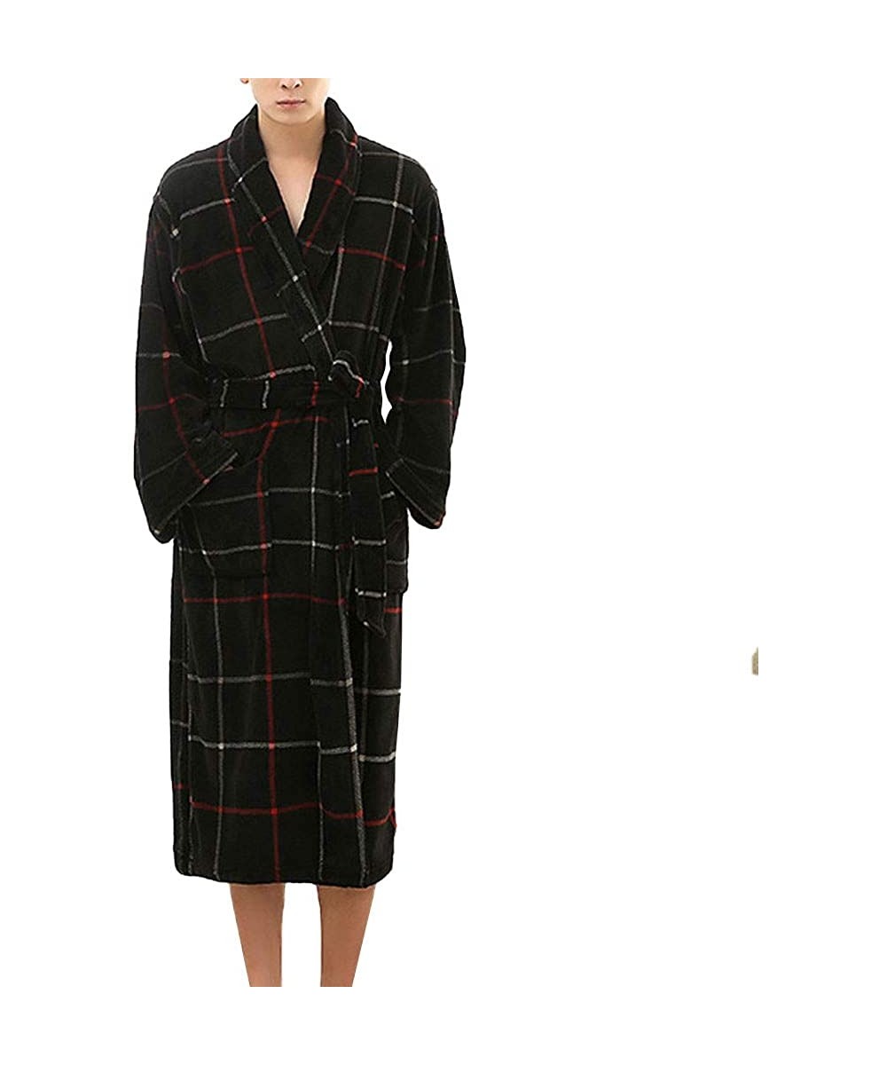 Robes Men's Cozy Plaid Robe Hooded Bathrobe Plush Fleece Long Winter Robe Warm Soft Nightgown Pajamas Spa Robe - Black - CT19...