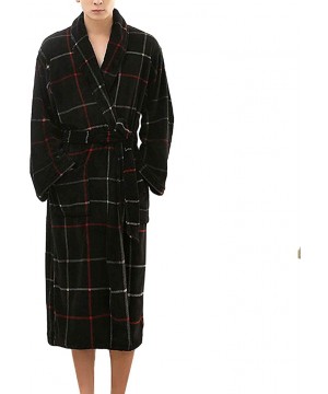 Robes Men's Cozy Plaid Robe Hooded Bathrobe Plush Fleece Long Winter Robe Warm Soft Nightgown Pajamas Spa Robe - Black - CT19...