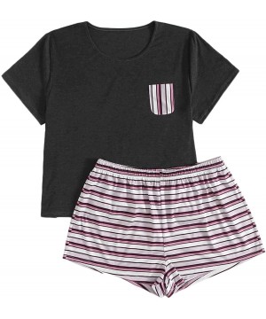 Sets Women Plus Size 2 Piece Striped Pajamas Set Round Neck Tee T Shirt and Sport Shorts Outfit - Multicoloured - CT19059A7N6