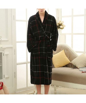 Robes Men's Cozy Plaid Robe Hooded Bathrobe Plush Fleece Long Winter Robe Warm Soft Nightgown Pajamas Spa Robe - Black - CT19...