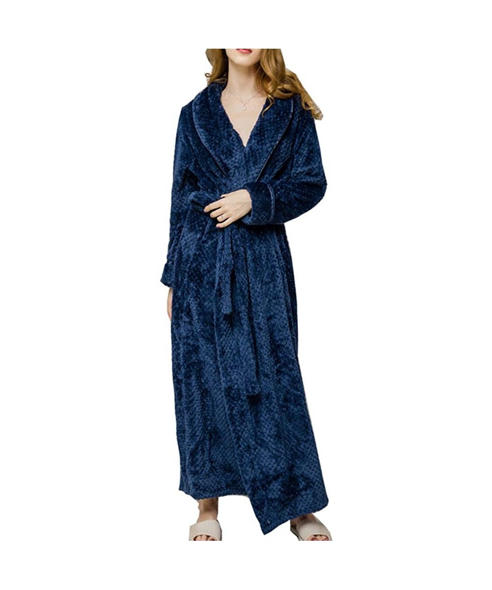 Robes Winter Women Solid Color Thicken Plush Long Sleeve Bathrobe Sleepwear - Navy Blue - CZ196H24IOH