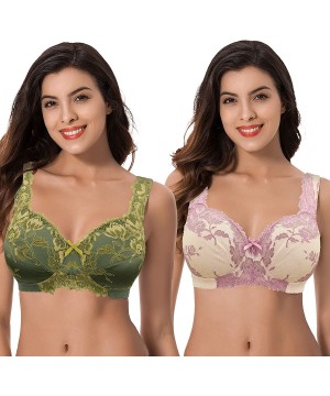 Bras Women's Plus Size Minimizer Unlined Wireless Lace Full Coverage Bras - Deep Lichen Green-nude(2 Pack) - C919854TZ8D