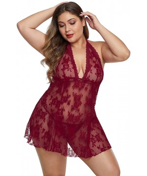 Baby Dolls & Chemises Womens Plus Size Lace Lingerie Babydoll Strap Chemise Halter V Neck Sleepwear - Wine - C8193USZ0WR