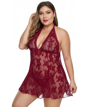 Baby Dolls & Chemises Womens Plus Size Lace Lingerie Babydoll Strap Chemise Halter V Neck Sleepwear - Wine - C8193USZ0WR