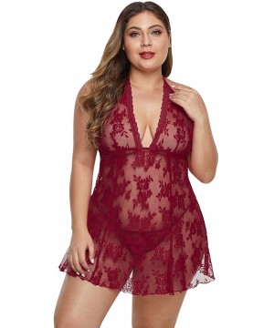 Baby Dolls & Chemises Womens Plus Size Lace Lingerie Babydoll Strap Chemise Halter V Neck Sleepwear - Wine - C8193USZ0WR