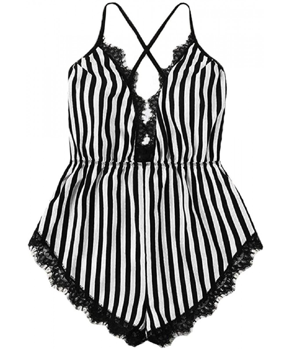 Nightgowns & Sleepshirts Women Lace Trim Black and White Stripe Sleepwear Deep V Neck Criss Cross Backless Bodysuit Lingerie ...