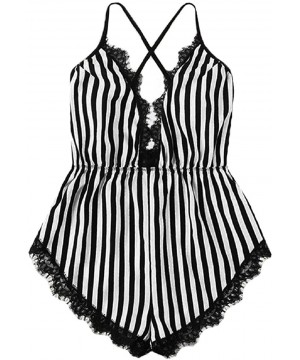 Nightgowns & Sleepshirts Women Lace Trim Black and White Stripe Sleepwear Deep V Neck Criss Cross Backless Bodysuit Lingerie ...