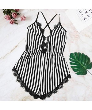 Nightgowns & Sleepshirts Women Lace Trim Black and White Stripe Sleepwear Deep V Neck Criss Cross Backless Bodysuit Lingerie ...