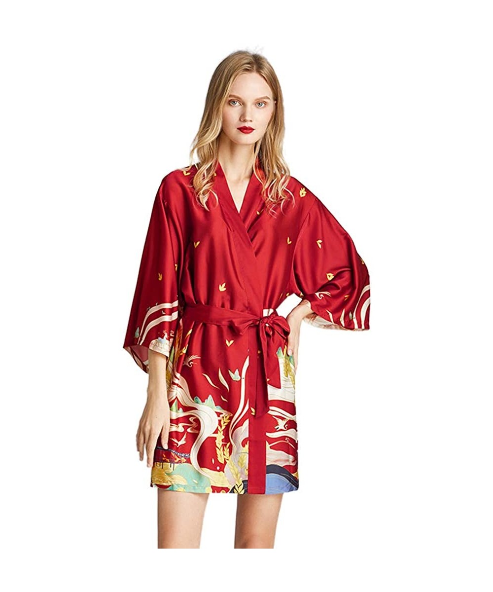 Robes Exotic Dunhuang Mural Belted Bathrobe - Women Imitation Silk Kimono Robe Nightgown Pajamas Nightwear - Burgundy - CY197...