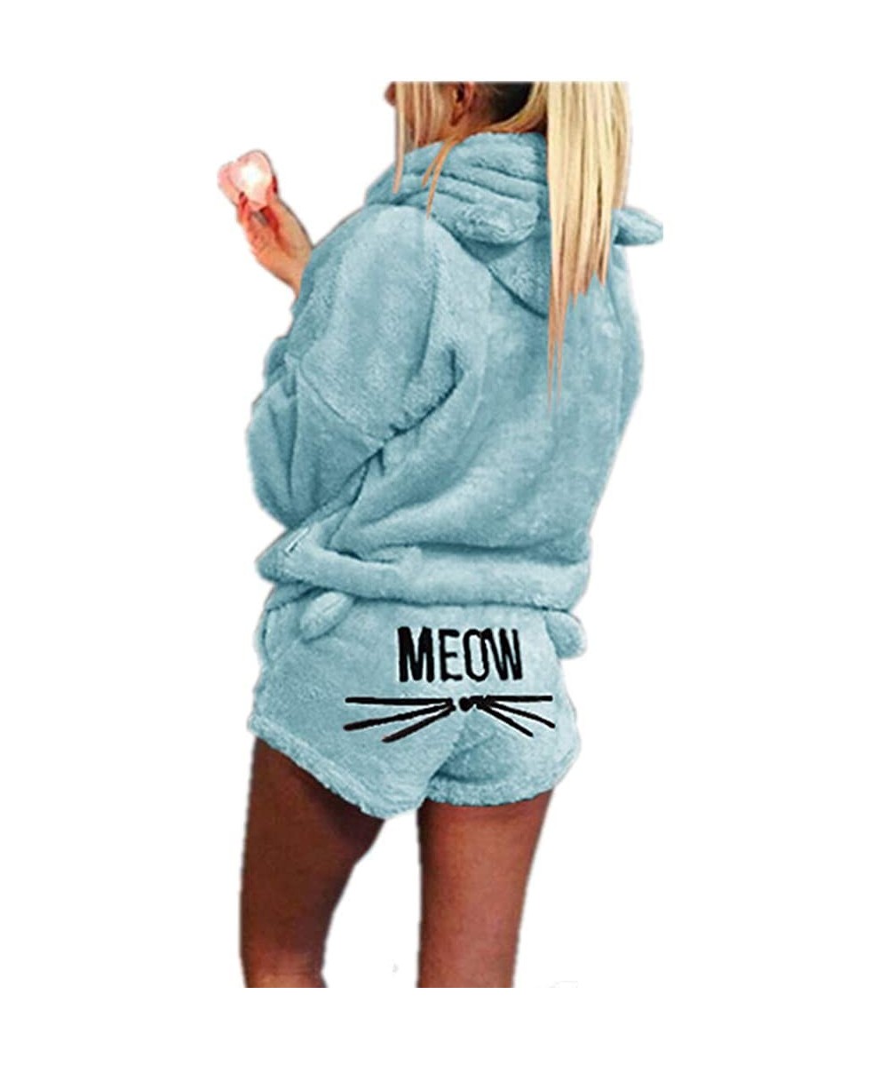 Sets Ladies Cute Sleepwear Fleece Hooded Cozy Sherpa Romper Fluffy 2Pcs Pj Short Set - Sky Blue - C318WMN7Q2H