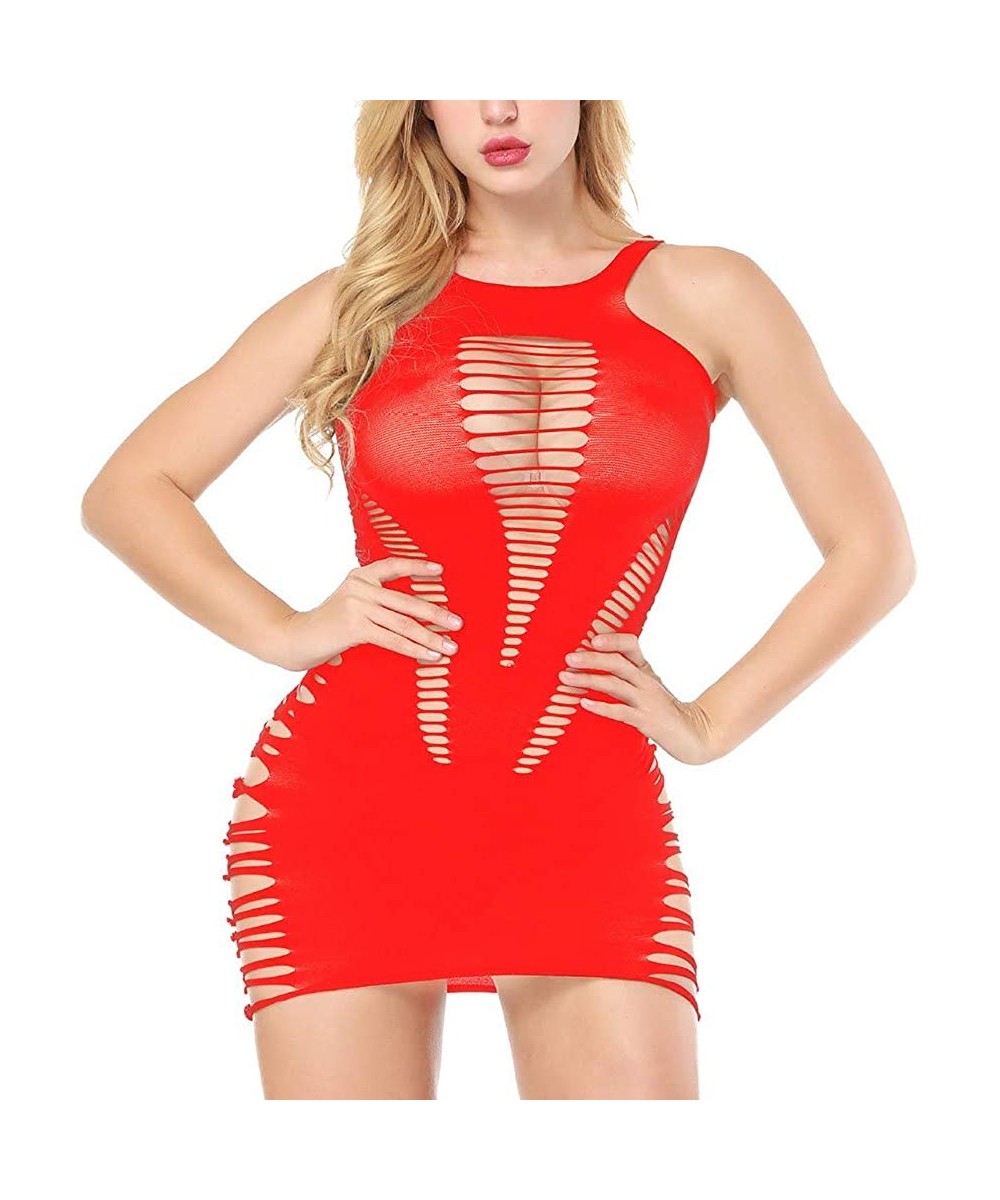 Sets Women Sexy Hollow Mini Lingerie Nightdress Babydoll Bodysuit Underwear Pajama - Red - CG18I3W8AH4