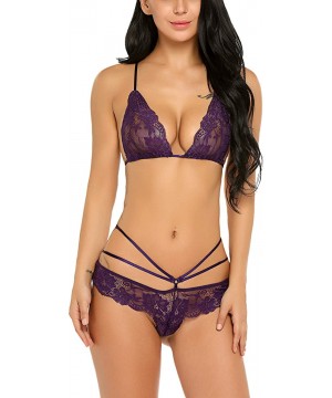 Baby Dolls & Chemises Women's Lingerie Open Crotch Sexy Bra and Panty Set Strappy Babydoll Bodysuit - Purple(strappy) - CO193...