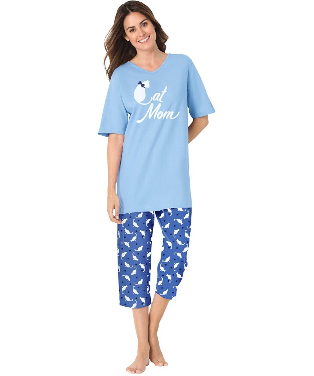 Sets Women's Plus Size 2-Piece Capri Pj Set Pajamas - Cornflower Blue Cat Mom (0759) - C9190LDA63Y