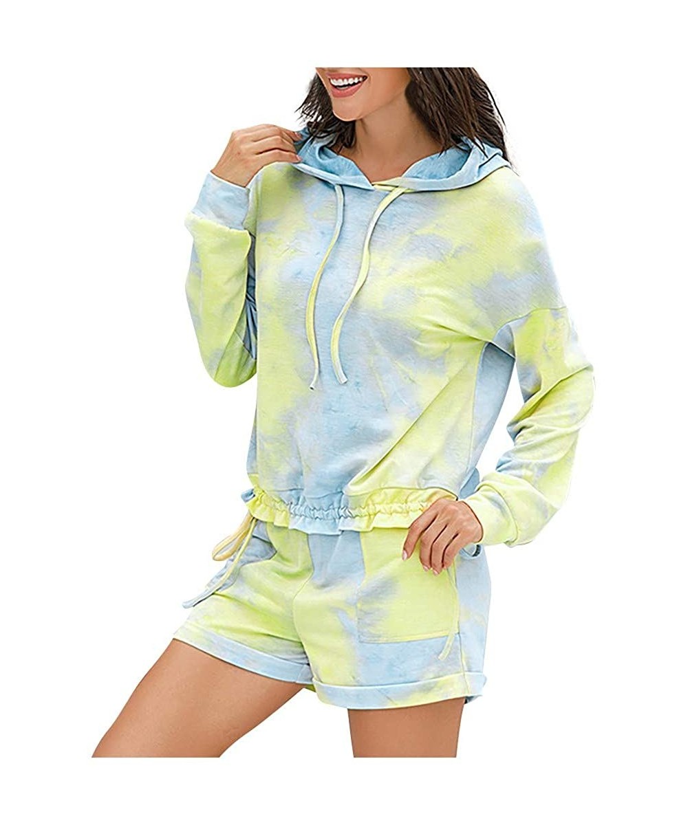 Sets Pajamas for Women Shorts Set Womens Tie Dye Pajamas Set Long Sleeve Tops Hoodies and Shorts PJ Set Loungewear Green - C5...