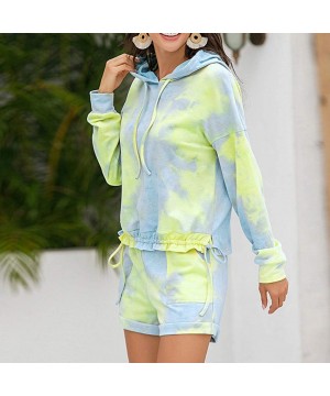 Sets Pajamas for Women Shorts Set Womens Tie Dye Pajamas Set Long Sleeve Tops Hoodies and Shorts PJ Set Loungewear Green - C5...