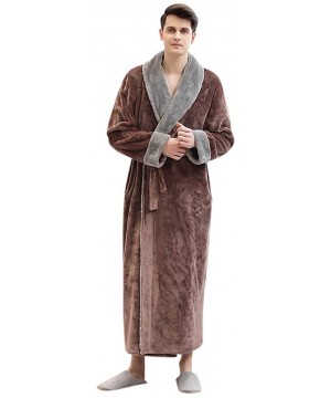 Robes Mens Bathrobes Plush Couple Pajamas- Winter Thick Warm Coral Fleece Splice Robe With Belt - Coffee - CZ18AK77T50