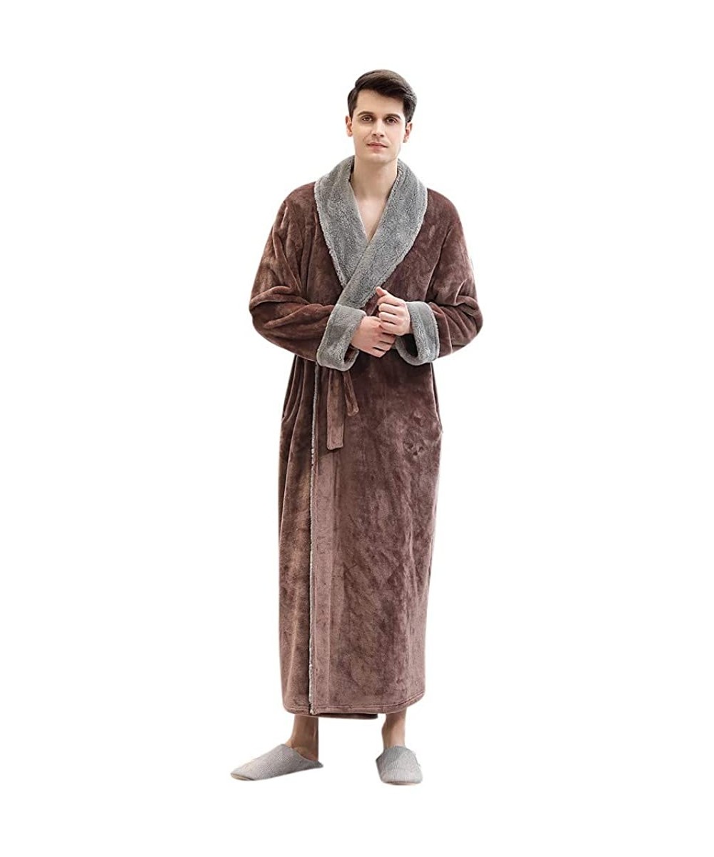 Robes Mens Bathrobes Plush Couple Pajamas- Winter Thick Warm Coral Fleece Splice Robe With Belt - Coffee - CZ18AK77T50