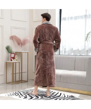 Robes Mens Bathrobes Plush Couple Pajamas- Winter Thick Warm Coral Fleece Splice Robe With Belt - Coffee - CZ18AK77T50