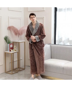 Robes Mens Bathrobes Plush Couple Pajamas- Winter Thick Warm Coral Fleece Splice Robe With Belt - Coffee - CZ18AK77T50