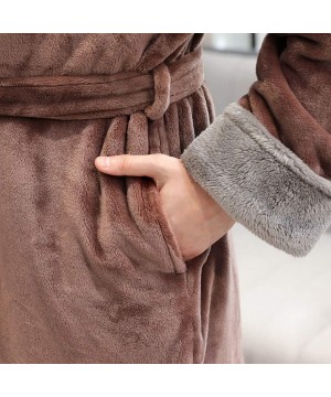 Robes Mens Bathrobes Plush Couple Pajamas- Winter Thick Warm Coral Fleece Splice Robe With Belt - Coffee - CZ18AK77T50