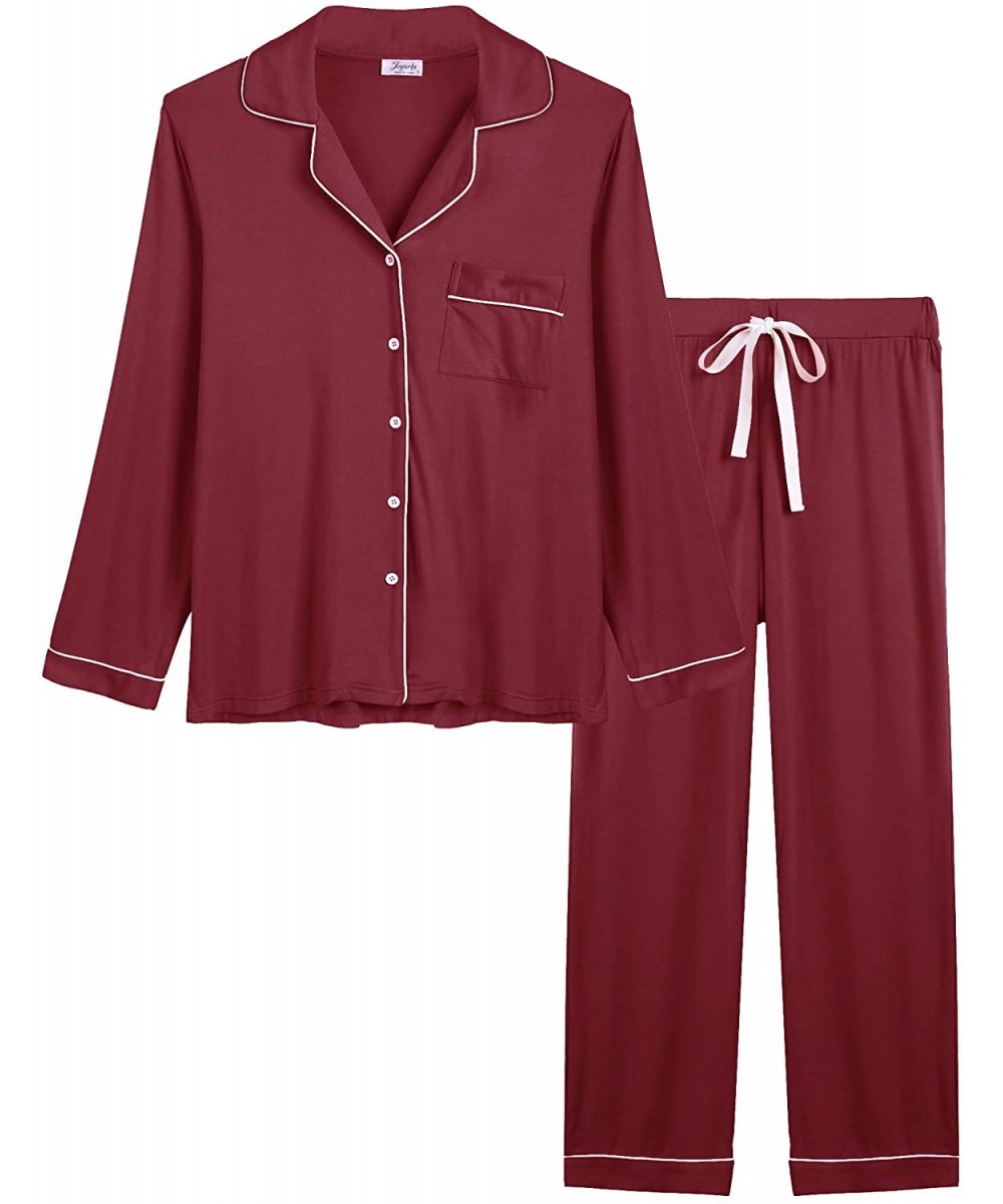 Sets Womens Soft Bamboo Pajama Sets Button Down Long Sleeve Pj Pants Set Sleepwear - Long-red - CG18XAKR9EH