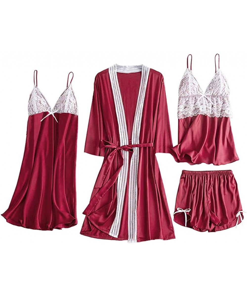 Baby Dolls & Chemises Sexy Pajamas for Women Silky Sets 4 Piece Satin Pajama Set with Robe Soft Lace Lingerie Nightwear Loung...